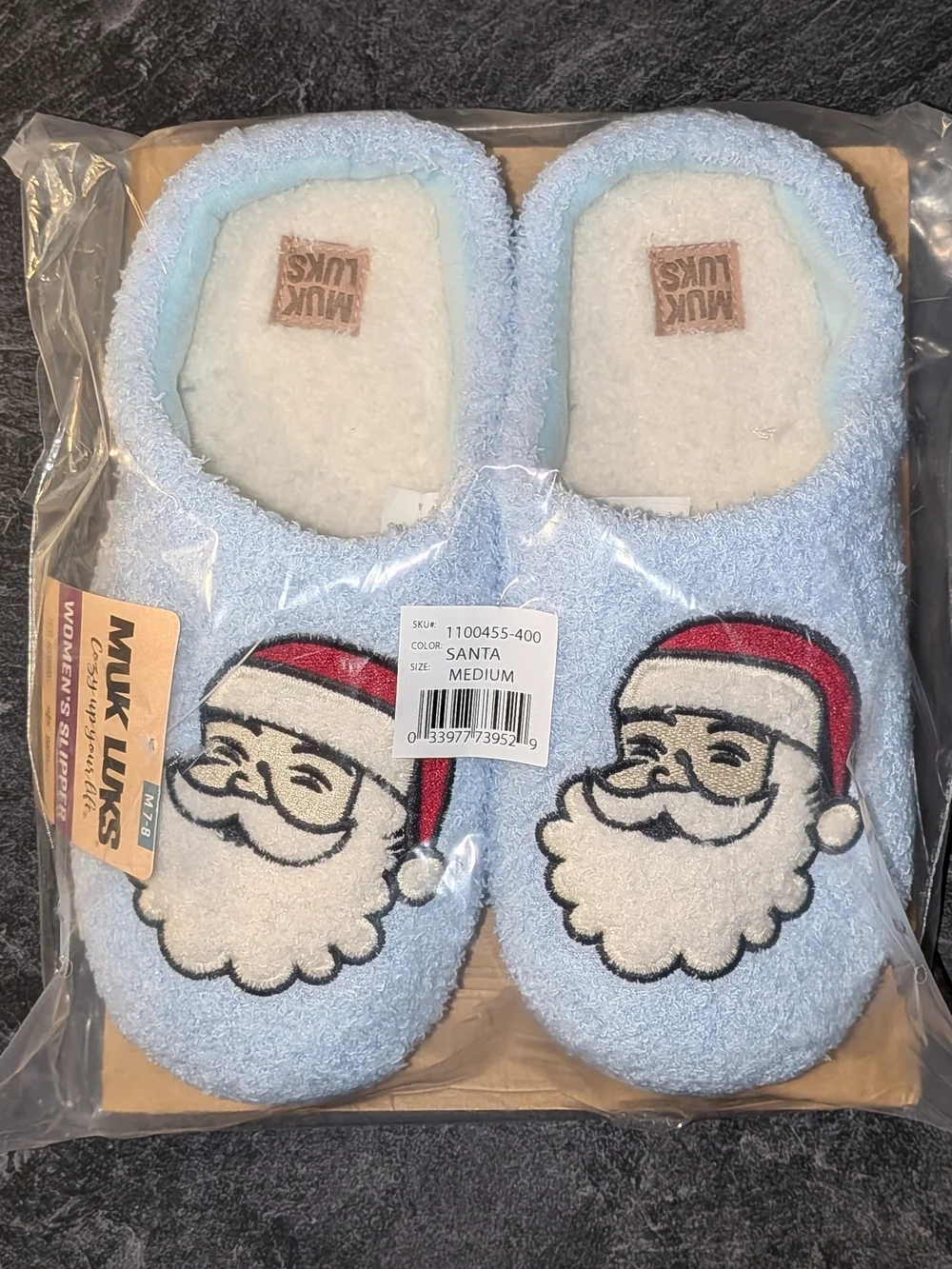 Muk Luks Kids Light Blue Santa Face Plush Slippers